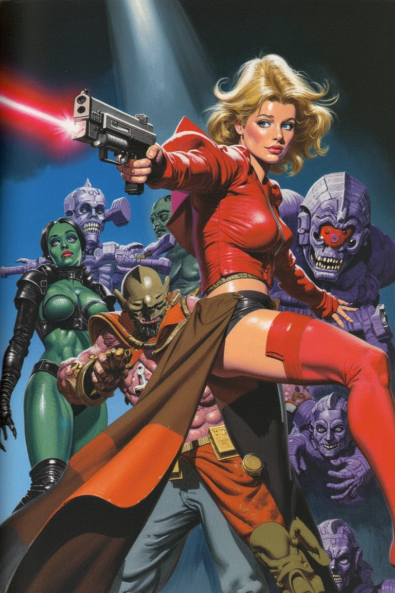 (1girl), solo, Lorna, blond hair, big hair, long hair, pink leotard, strapless, boots, large breasts, wide hips, watercolor, line art, blurry background, outdoors, spacecraft, rubble, debris, (nsfw), floating hair, wind, dynamic pose, fighting stance, holding gun, rifle, (dynamic colors), (random colors), magic particles, dust particles, looking at viewer, <lora:AzpiriV10:0.9>  <lora:Lorna_V02:0.8>