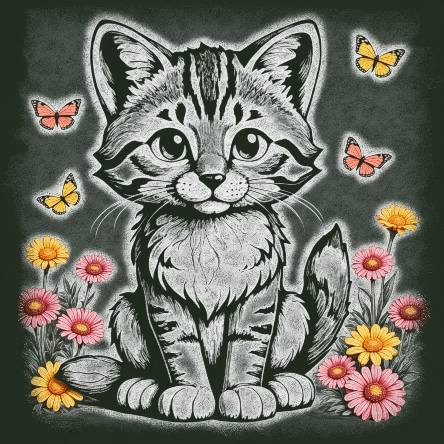 A cute monochrome chibi cat. Surrounded by colorful butterflies and flowers. 

Chalkboard drawing.

chlkbrdCE style