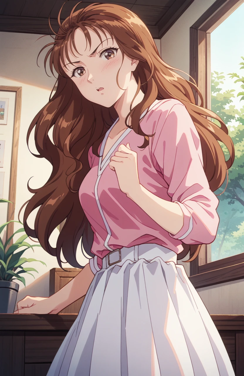 kindaichisaotomeryouko, best quality, masterpiece, uncensored, 1girl,solo,(retro artstyle, 1990s \(style\):1)
,long hair,brown eyes,brown hair,indoors,room,window,tree,pink shirts,white skirt,0.7 :: ,0.3 :: blush,frown ,0.2 :: from side ,0.3 :: open mouth  ,0.3 :: ,0.3 :: pose,  ,looking at viewer,  <lora:KindaichiSaotomeRyouko4thtail:1>