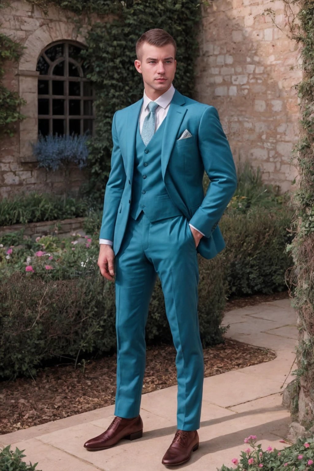 full body <lora:sc_jeffrey_adam_epoch_5:0.8> scjeffreyperson, posing in a walled garden, soft natural lighting, wearing a fitted teal tailored suit, looking at viewer, (water feature:0.75), (water lilies:0.65), (side view:0.8), strong glutes