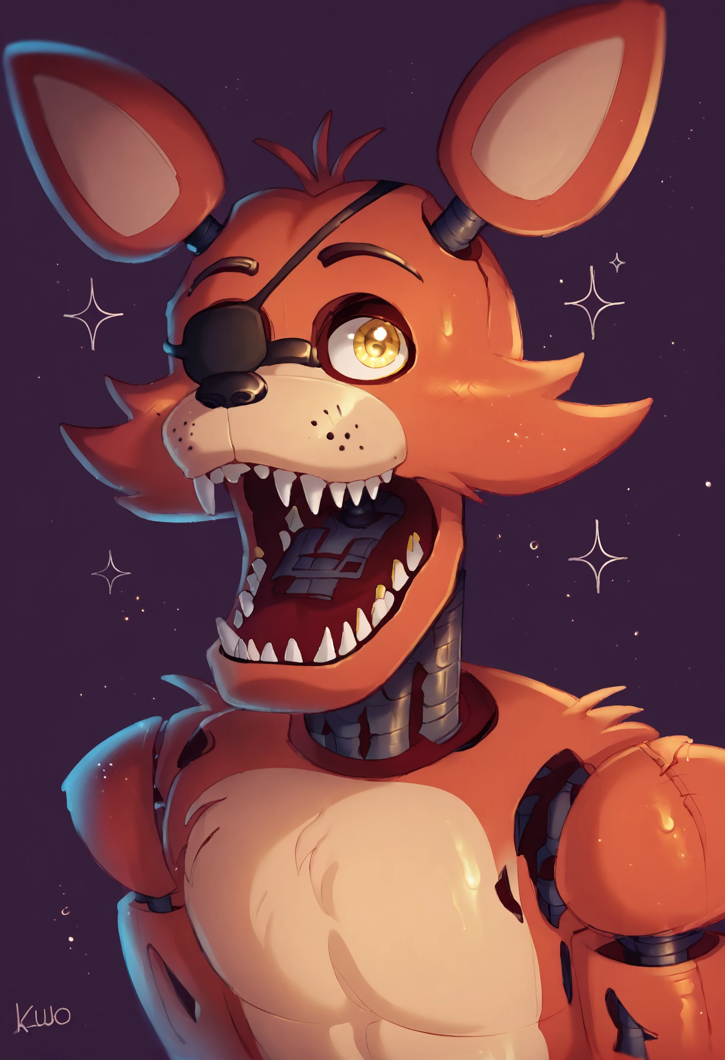 score_9, score_8_up, score_7_up, lots of details, highly detailed, FNaF, kiddejukes, (foxy), animatronic, close-up, open mouth, detailed fur, yellow eyes, cute, black panties, looking at viewer, eyepatch, red fox, dark purple background, light particles, detailed, detailed eyes, hires, best quality <lora:Foxy:0.92> <lora:Kidde_Jukes:1>