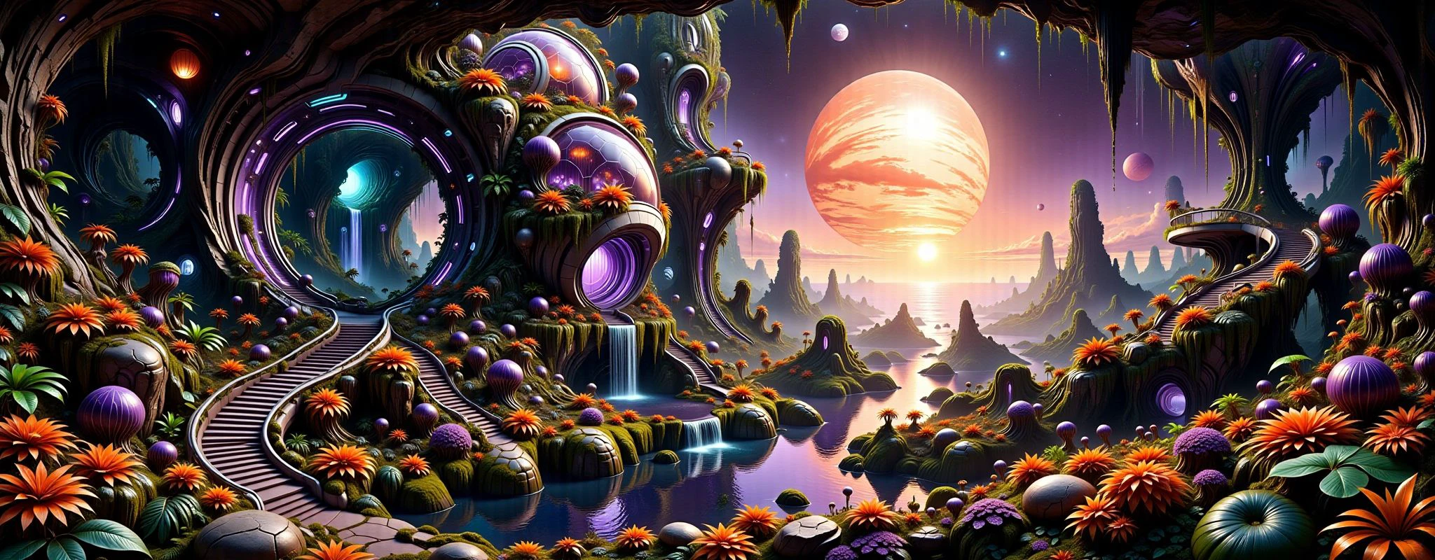 highly detailed Acrylic Painting a vivid of scifi illustration of fantastical surreal of a dark far away exoplanet, deep cracks stouns, organic soil, deep puddles,intricate details of dense wet psychedelic jungle, grass, exsotic plants, flowers, huge dark orange planet on the horizon, High contrast, 8k resolution
<lora:Pandora_Land_Flux:1>