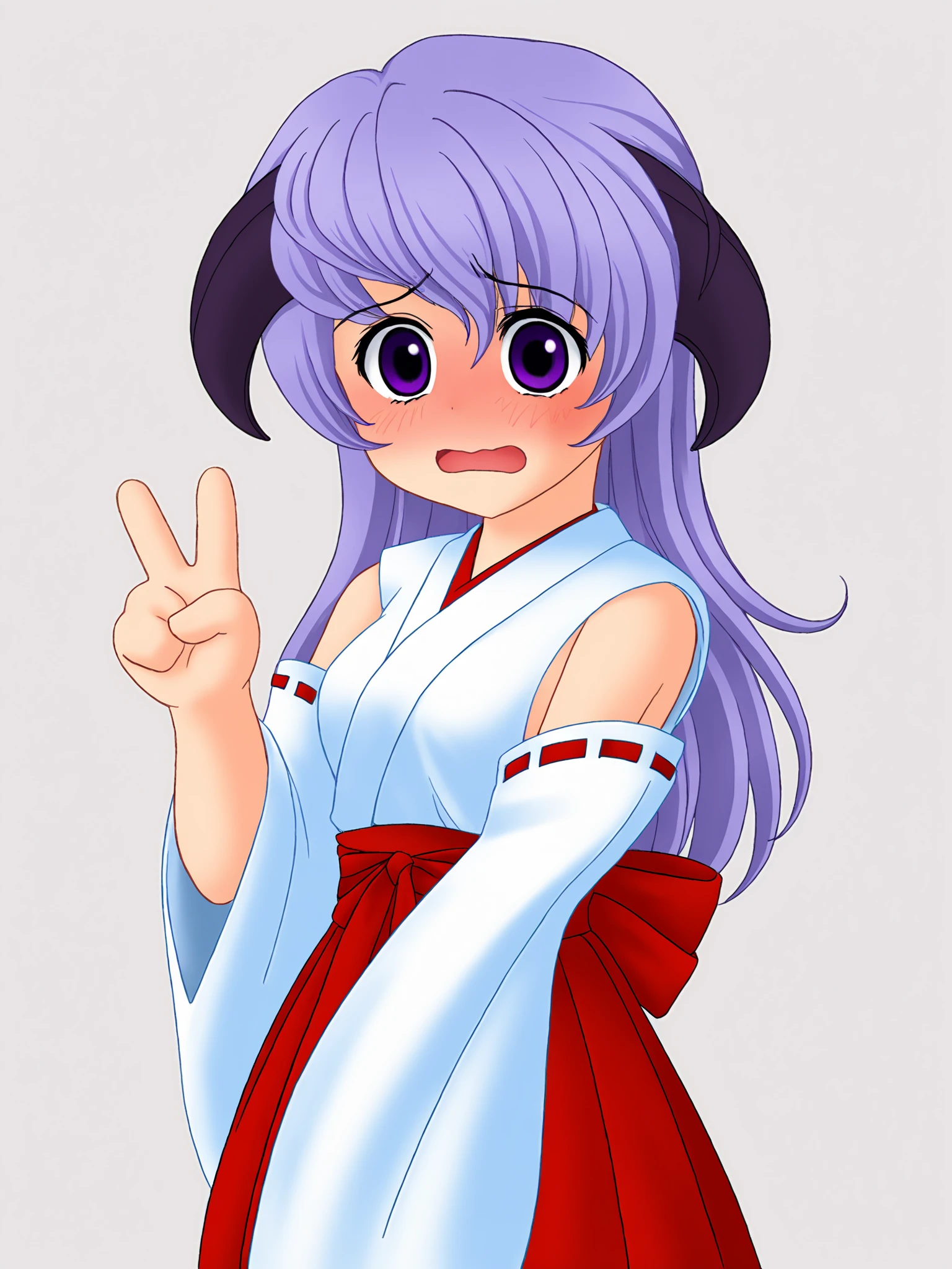 score_9, score_8_up, score_7_up, uncensored, higurashiog, 
1girl, hanyuu, solo, tween, ((kawaii)), horns, medium breasts, purple eyes, purple hair, long hair, simple background, white background, skirt, red detached sleeves, japanese clothes, hakama, hakama skirt, miko, red hakama, looking_at_viewer, embarrassed, embarrassed_face, looking_at_viewer, full-face_blush, wavy_mouth, double_v, 