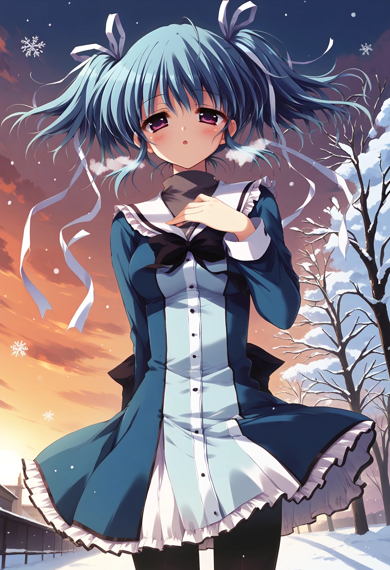 score_9, score_8_up, score_7_up BREAK
source_anime, rating_safe, dutch angle, outdoors, sunset, bare tree, winter, snowing, snowflakes, cold, breath, wind, floating hair, wind lift, hand on own chest, narrowed eyes, big eyes, blush, open mouth, parted lips, solo, 1girl, mssakuno, blue hair, short hair, short twintails, hair ribbon, purple eyes, medium breasts, school uniform, blue dress, long sleeves, frills, ribbon, black pantyhose <lora:mssakunov2_epoch_7:1>