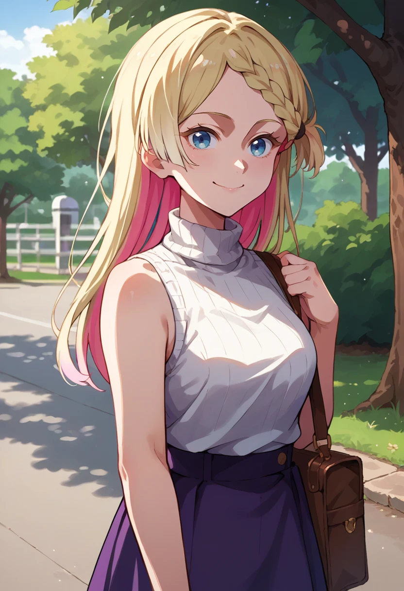 score_9, score_8_up, source_anime, 1girl, solo, SeiraKurusu, blue eyes, colored inner hair, blonde hair, pink hair, long hair, braid, turtleneck, white sweater, sleeveless, bare arms, suspender skirt, purple skirt, outdoors, park, shoulder bag, smile, looking at viewer, <lora:ChamSeiraKurusuPonyXL:1>