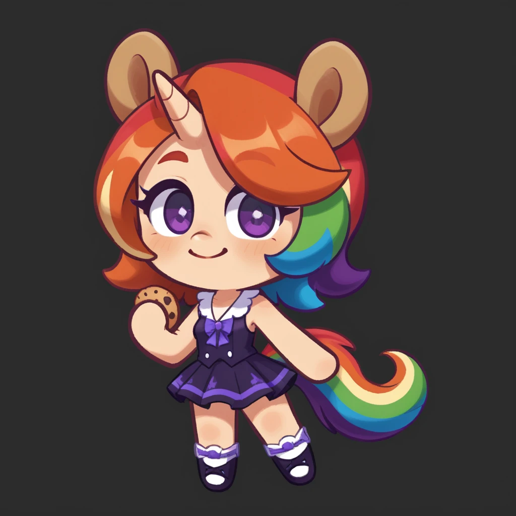 solo, smile, simple background, purple eyes, tail, full body, multicolored hair, no humans, horse ears, black background, horse girl, horse tail, unicorn, rainbow hair, pegasus











,cookie_run, chibi