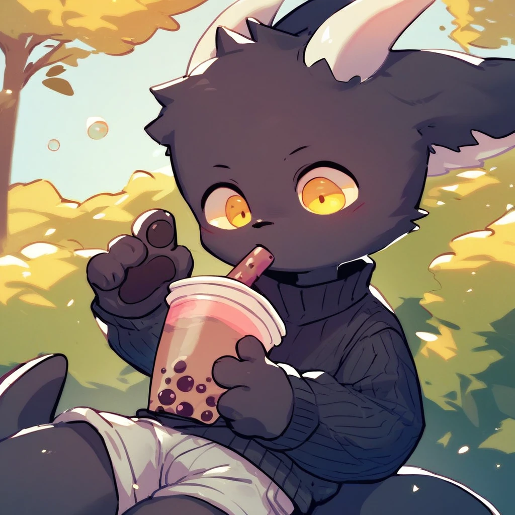 score_9_up, score_8_up, score_7_up, source_furry, mikus-kirikopoyo, black dragon, black body, white horns, yellow eyes, park, holding, bubble tea, black sweater, gray shorts, 1boy, solo