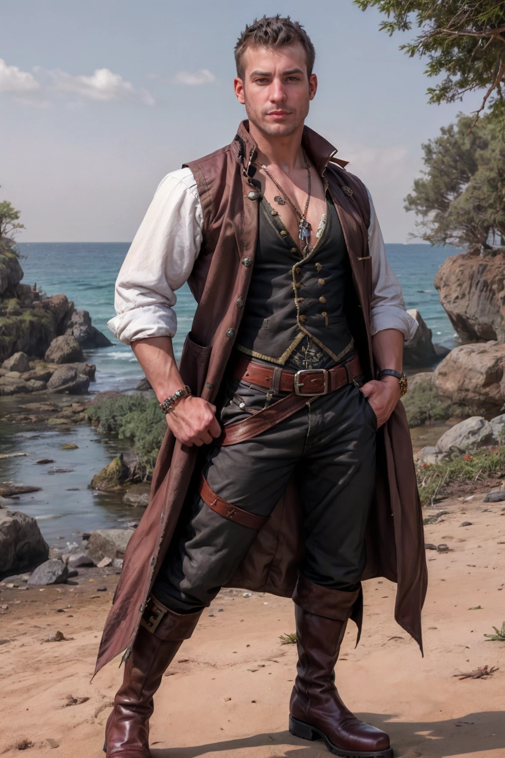 <lora:sc_jeffrey_adam_epoch_5:0.8> scjeffreyperson dressed as pirate <lora:Clothing - Sexy Pirate:0.6> jewelry, belt, (wearing a shirt and vest), coat, trousers, boots, posing on a pirate island