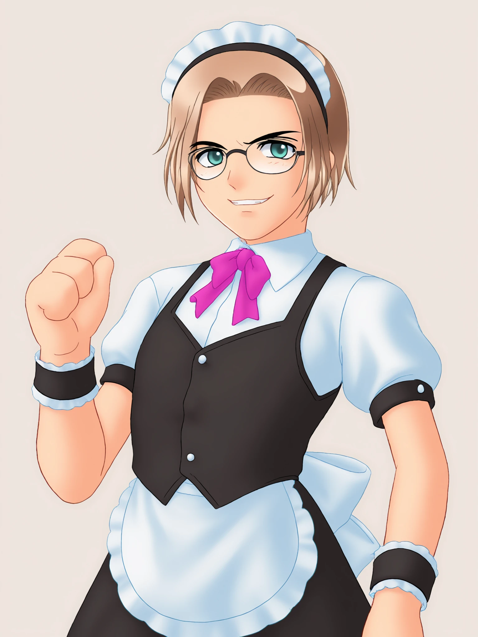 score_9, score_8_up, score_7_up, uncensored, higurashiog, 
solo, looking at viewer, smile, happy, short hair, simple background, brown hair, white background, 1boy, green eyes, upper body, male focus, glasses, wrist cuffs, maid, maid headdress, parody, clenched teeth, crossdressing, irie kyousuke