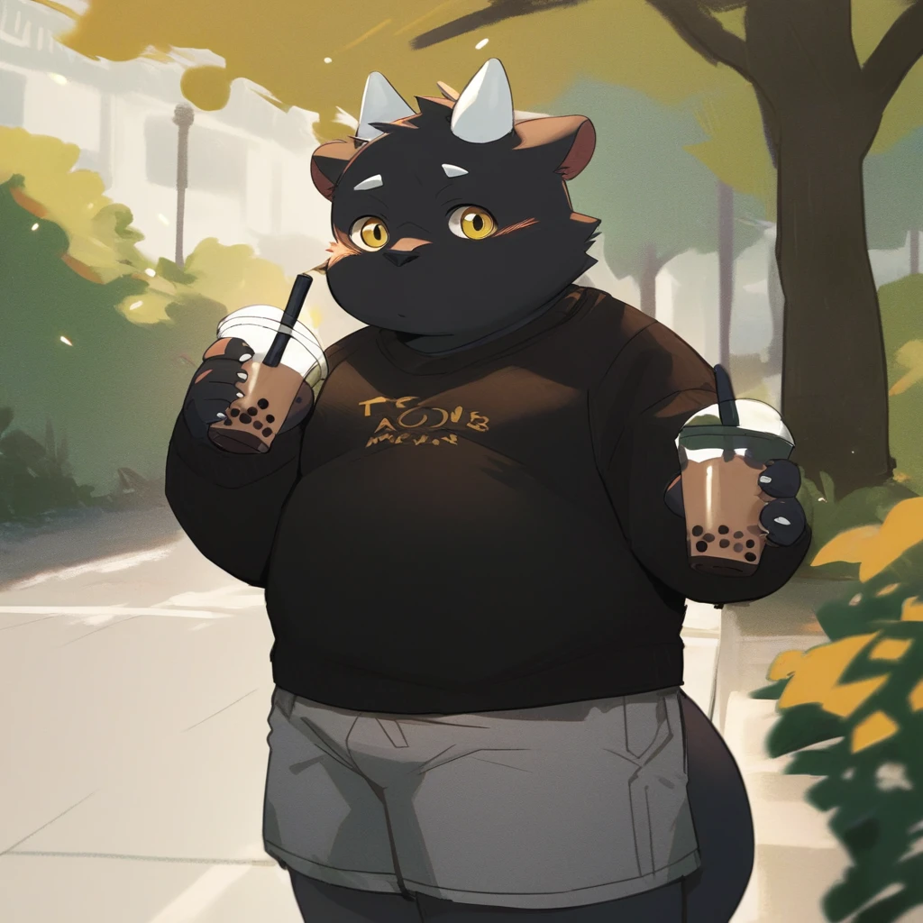 score_9_up, score_8_up, score_7_up, source_furry, mikus-Tongmung24, black dragon, black body, white horns, yellow eyes, park, holding, bubble tea, black sweater, gray shorts, 1boy, solo