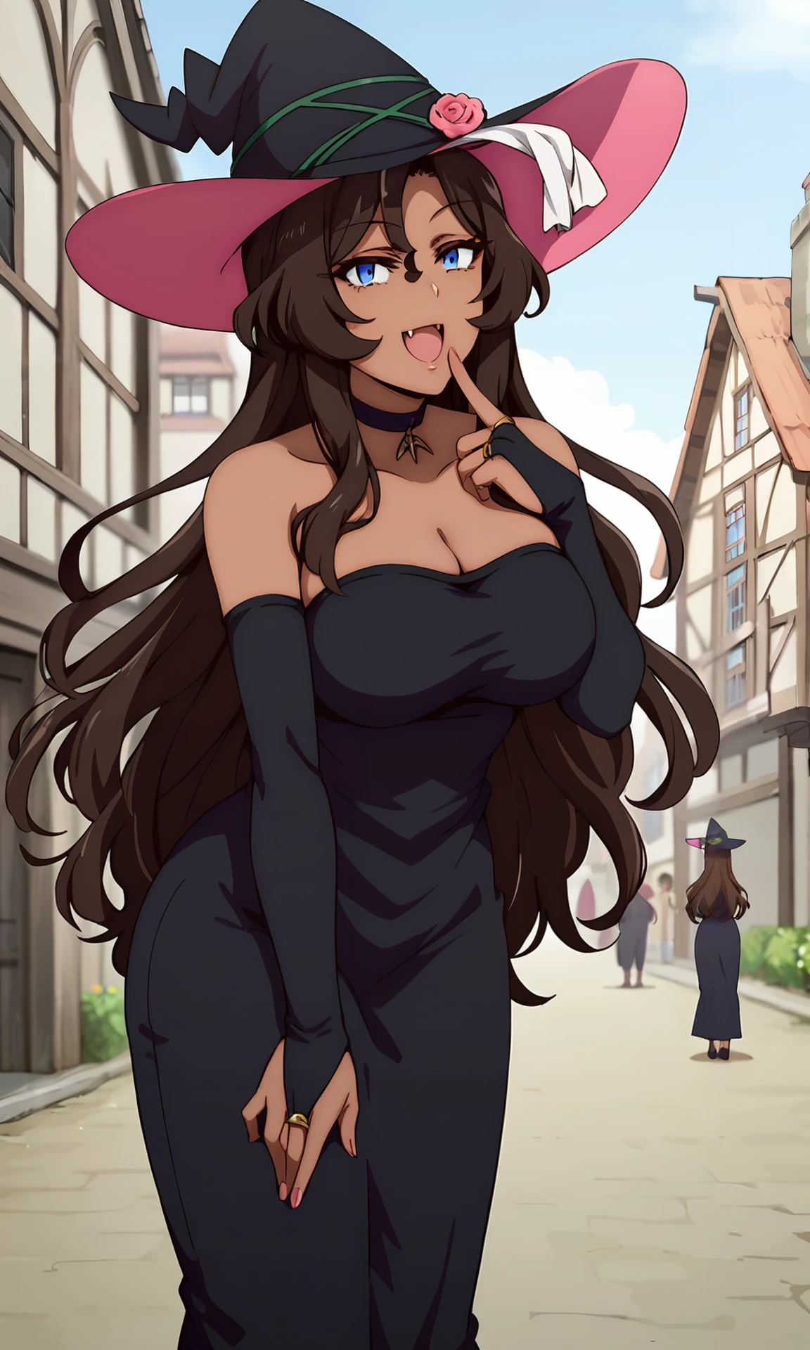 score_9, score_7_up, source_anime,  <lora:whitcher_viola:1> violawz,  dark skin, choker,  witch hat, long hair, blue eyes, large breasts, hat flower, brown hair, long dress, black dress, strapless dress, bare shoulders, cleavage,  bridal gauntlets, standing, cowboy shot, looking at viewer, fang out, single fang, cowboy shot, leaning forward, finger to mouth, seductive smile, outdoors, town, people, building,