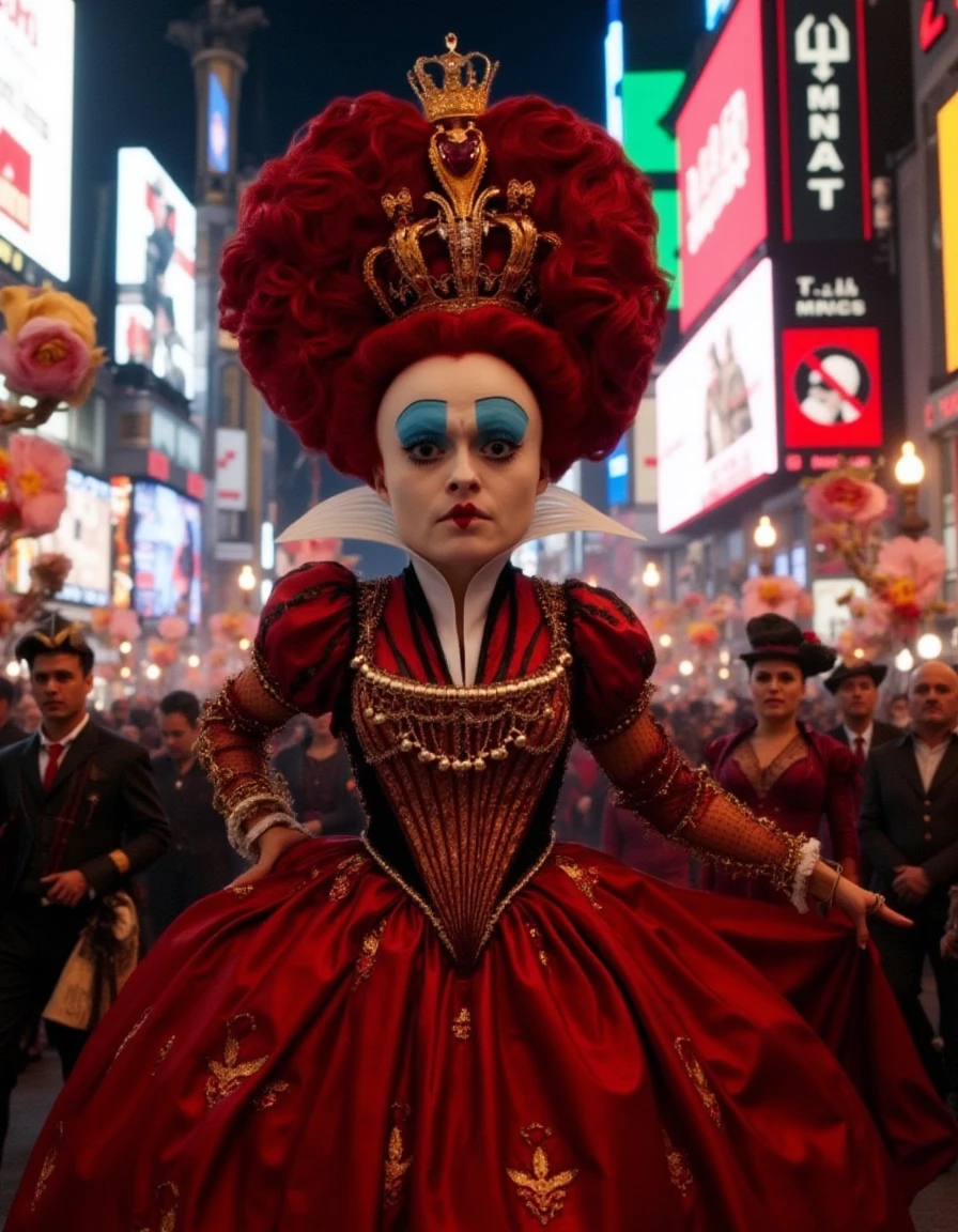 the queen of heart, in Times Square, majestic red and gold attire, towering heart-shaped crown, amidst neon lights and bustling crowds, playful juxtaposition of regal fantasy and modern chaos, vivid colors, cinematic, 4k resolution.