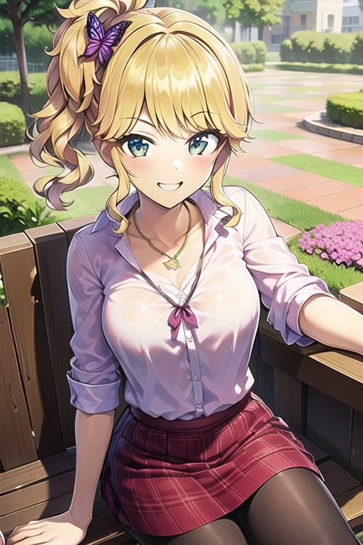 intricate details, finely detailed, <lora:Add Detail:0.4>, (masterpiece), best quality, high resolution, highly detailed, detailed background, thin, small size, ((curved)), colorful backgrounds, ((st_style)), sunny, st_izumi,  blonde hair, butterfly hair ornament, side ponytail, large breasts,necklace, shirt, nail polish, smile,  multicolored skirt, sitting on a bench, spring, blossoms, path with trees, street, skyscrapers, upper body, pov