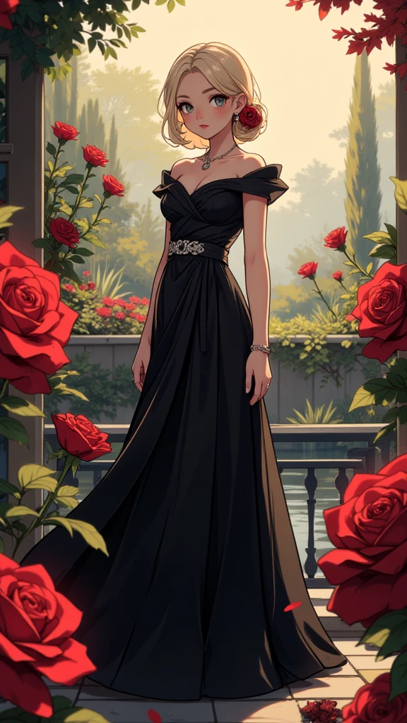 1girl,mature, black long dress, red roses, garden