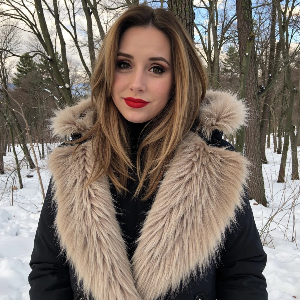 A photo of a woman. The photo includes her entire body. She is wearing red lipstick. She has bold black eyeliner. She has smokey eyeshadow. She has a slight grin. She is looking directly into the camera. She has a natural skin texture. The skin is very detailed including skin pores. She has red nails.
She is wearing a large winter coat. She is standing outside in a snowy forest.