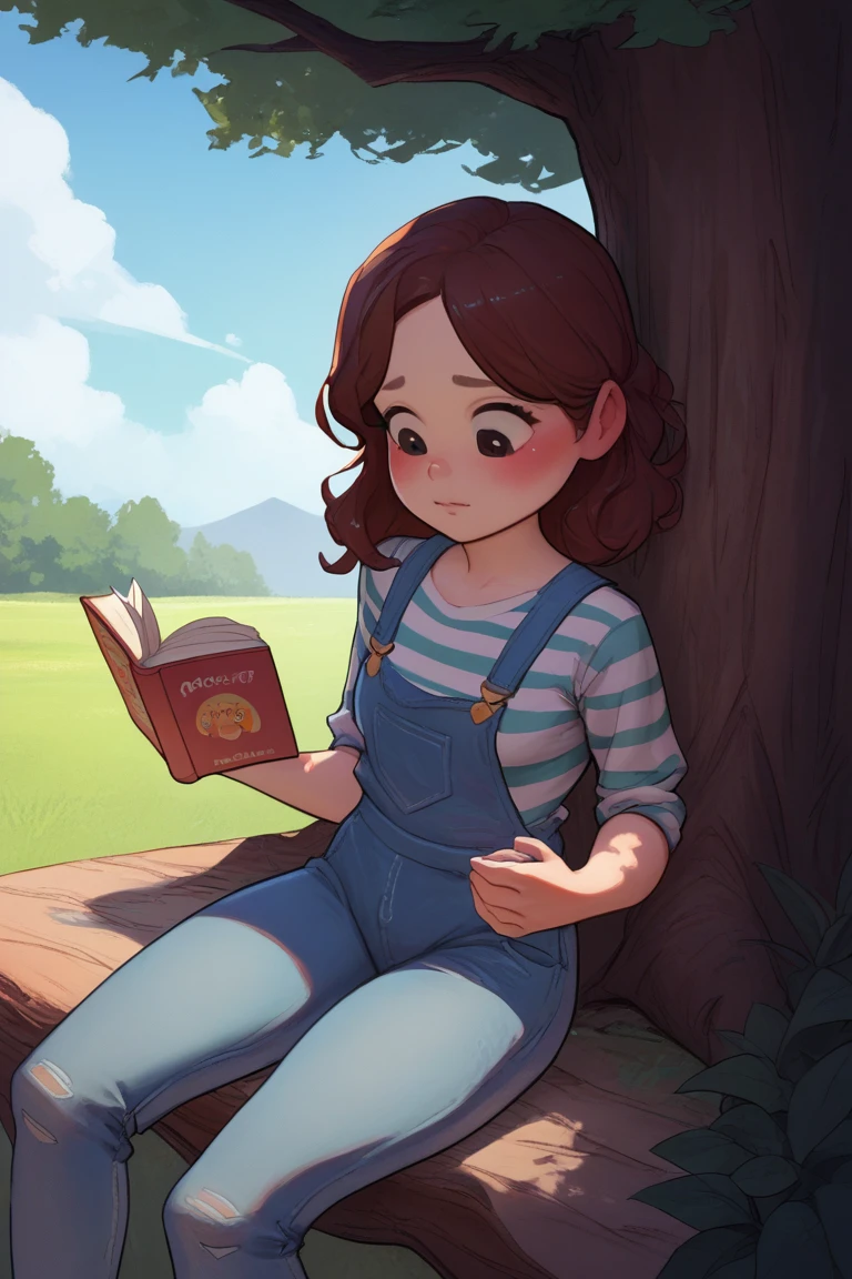 score_9, score_8_up, score_7_up, blublush2Style, 1girl, blue and white striped shirt, denim overalls, reading book, under tree, thoughtful expression, peaceful park