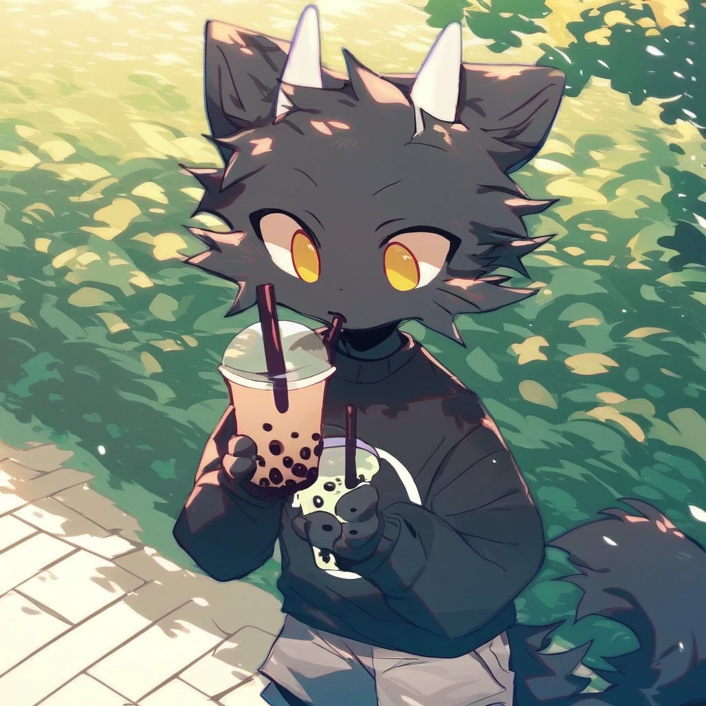 score_9_up, score_8_up, score_7_up, source_furry, mikus-poiuuShho, black dragon, black body, white horns, yellow eyes, park, holding, bubble tea, black sweater, gray shorts, 1boy, solo