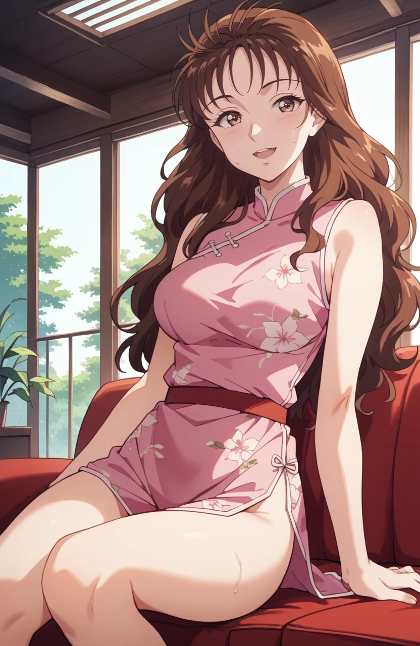 kindaichisaotomeryouko, best quality, masterpiece, uncensored, 1girl,solo,(retro artstyle, 1990s \(style\):1)
,long hair,brown eyes,brown hair,indoors,room,window,tree,china dress,0.3 :: sitting sofa  ,0.3 :: seductive smile,0.3 :: sweat   ,0.4 ::  ,0.3 :: open mouth  ,0.2 :: close-up ,0.7 :: ,looking at viewer,  <lora:KindaichiSaotomeRyouko4thtail:1>