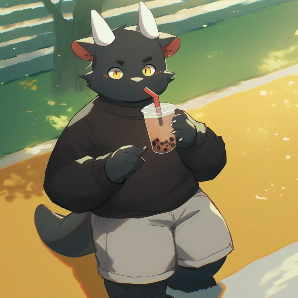 score_9_up, score_8_up, score_7_up, source_furry, mikus-Tongmung24, black dragon, black body, white horns, yellow eyes, park, holding, bubble tea, black sweater, gray shorts, 1boy, solo