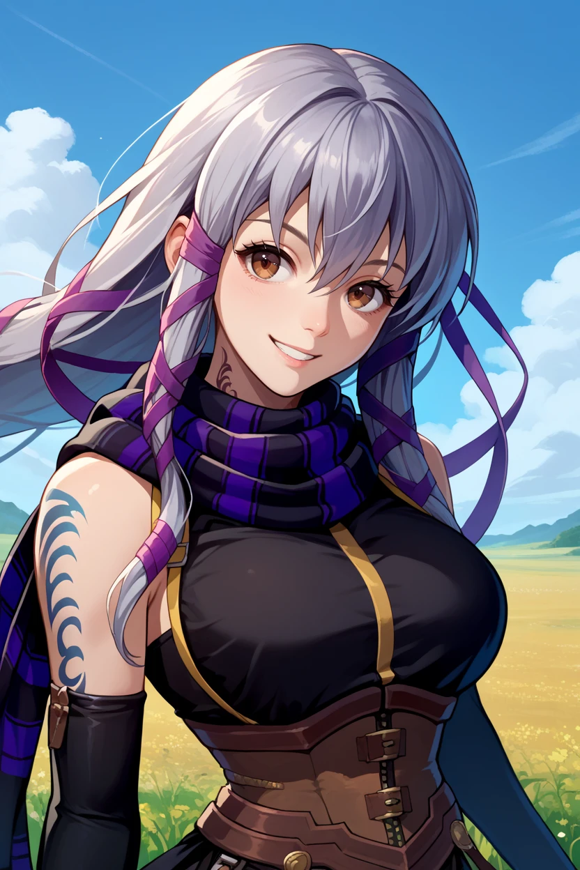 score_9, score_8_up, score_7_up, score_6_up, source_anime, 1girl, solo, <lora:clairlasbard-pdxl-nvwls-v1-000006:1> soClair, grey hair, brown eyes, long hair, hair ribbon, purple ribbon, striped scarf, black dress, corset, elbow gloves, black gloves, fingerless gloves, side slit large breasts, tattoos, looking at you, smile, blue sky, field, upper body