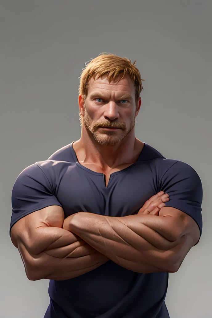 (RAW photo), absurdres, (mature male:1.2), <lora:HourouButcher:0.85>, houroubutcher, looking at viewer, muscular male, blue shirt, upper body, crossed arms, simple background