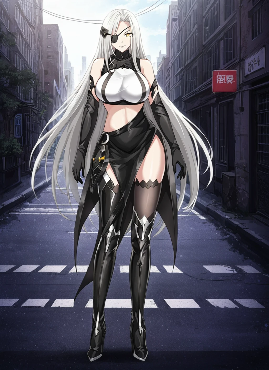 <lora:Alchemist_Dolls_Frontline:0.8> alchemistdollsfrontline, 1girl, anime, anime coloring, boots, solo, long hair, eyepatch, breasts, white hair, looking at viewer, yellow eyes, gloves, thighhighs, large breasts, black thighhighs, black gloves, standing, full body, detailed face, city, citybackground, street, sunlight, high heel boots, hair ornament, detailed boots, standing on street, black footwear, high heels, elbow gloves, evil face