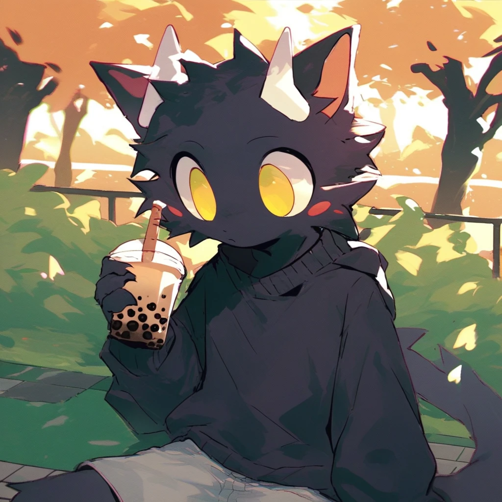 score_9_up, score_8_up, score_7_up, source_furry, mikus-poiuuShho, black dragon, black body, white horns, yellow eyes, park, holding, bubble tea, black sweater, gray shorts, 1boy, solo