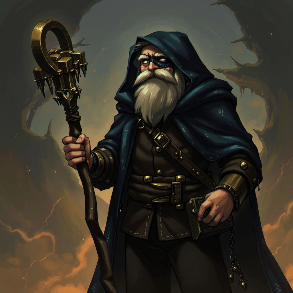 once-powerful sorcerer, now with a cloak tattered from years in exile. His beard is long and wild, and his staff crackles with ancient, forbidden magic. His left eye is covered by a blackened scar, remnants of a terrible magical duel.
<lora:Porforever_V2_epoch_4:0.9>,