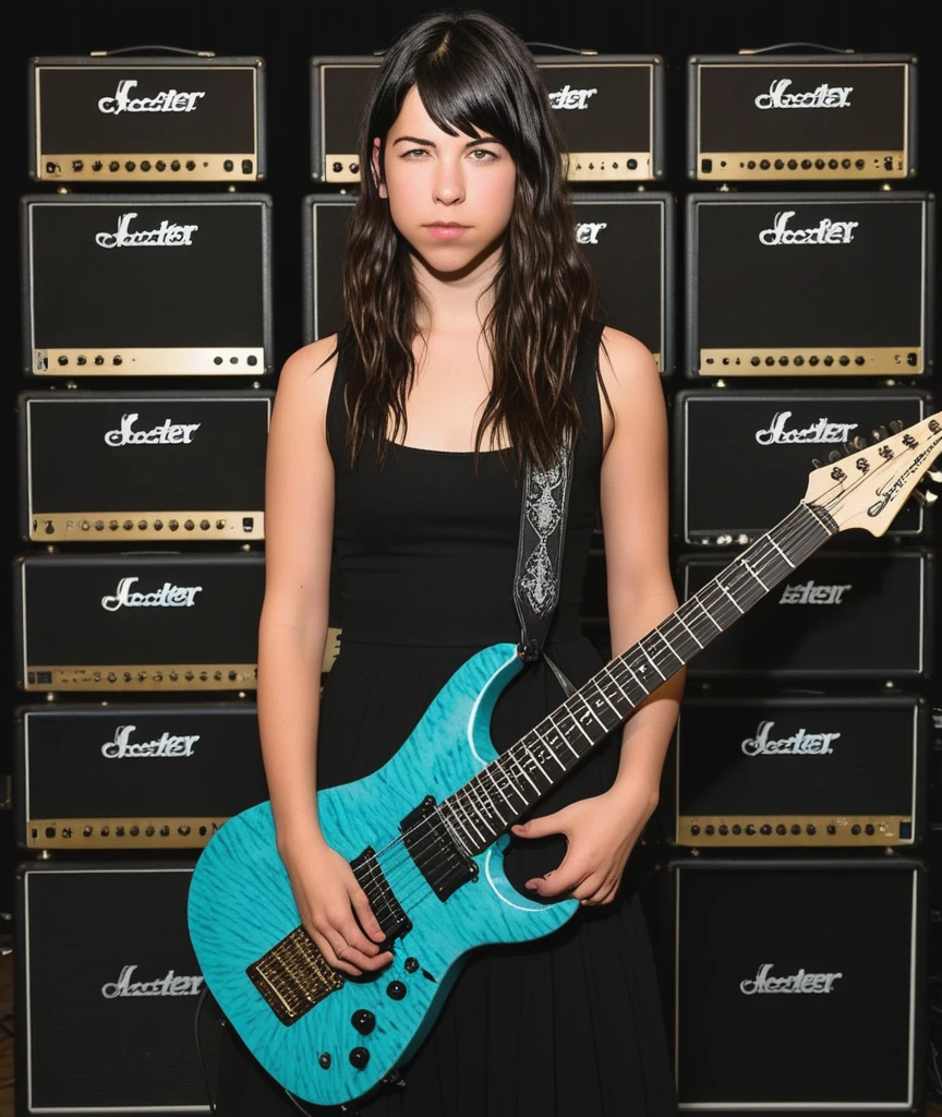 a professional absurdres sharp focus intricately detailed photograph portrait of (Amelia_Warner:1.1),
standing in front of the amplifiers at a performance of "This Godless Endeavor" by Nevermore holding a Schecter JL7 Jeff Loomis custom 7-string guitar,
 <lora:Amelia_Warner-SDXLe10:0.8> ,