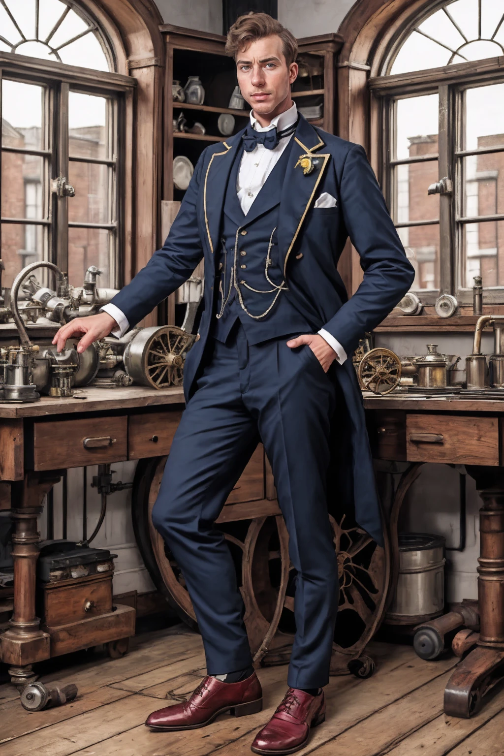 full body, <lora:sc_jeffrey_adam_epoch_5:0.8> handsome male scjeffreyperson <lora:Clothing - SteamPunk Armor:0.45> wearing suit, steam4rmor,  posing in his Victorian workshop, large bay windows, bowtie