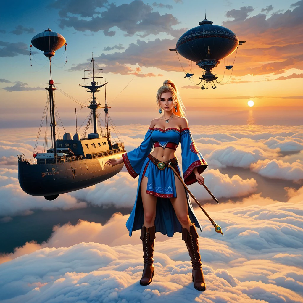 oil painting of (parkinson_style) score_9 score_8_up score_7_up action scene 1girl solo blonde hair jewelry breasts navel long red hair necklace boots staff ponytail earrings cleavage midriff blue eyes full body tube top holding wide sleeves high ponytail standing strapless skirt knee boots sky best quality masterpiece , epic background, airship, clouds, sunset, magical, magic items, hat, NSFW