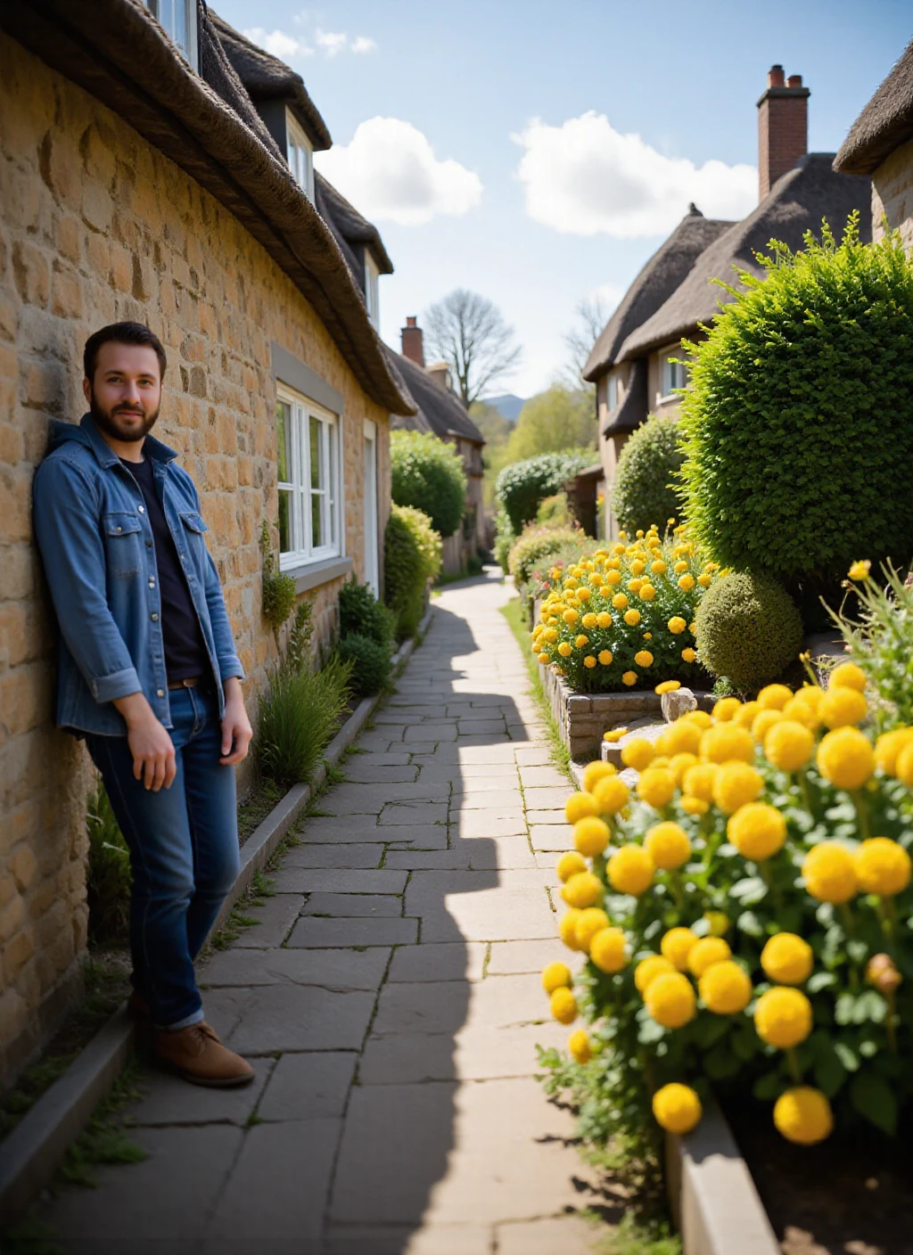 A serene street view with a slightly elevated angle showcasing a symmetrical composition of quaint stone cottages and a well-maintained path. A digital photograph captures a casually dressed man, with a beard, leaning against a stone wall, exuding relaxed confidence. Colorful flower beds in vibrant yellows and greens surround him, enhancing the tranquility of the scene. Charming thatched roofs add character, embraced by lush greenery, while soft-focused cottages fade into the background. Bright natural lighting casts gentle shadows, evoking the fresh atmosphere of an idyllic spring day