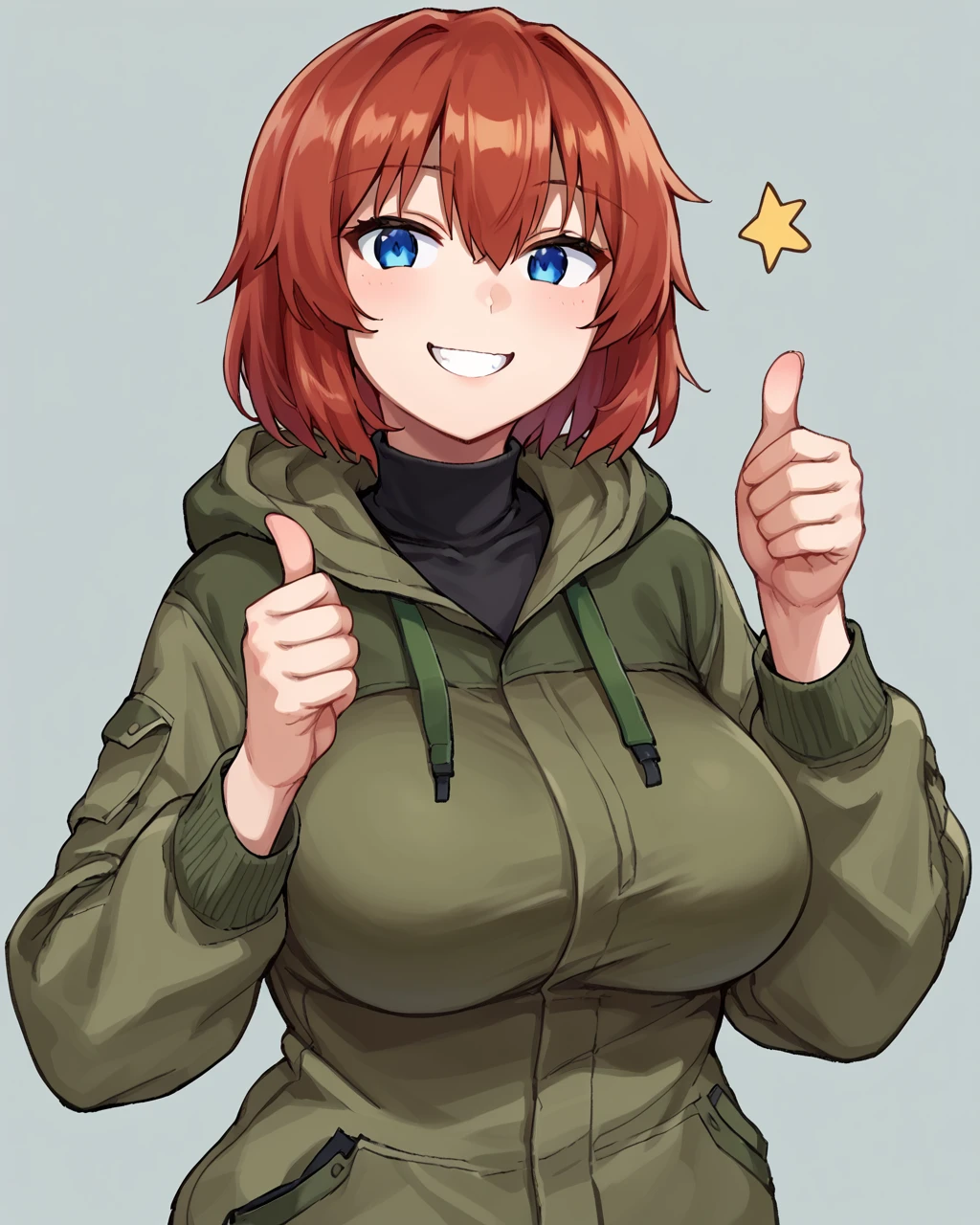 HDA_MasterpieceXL_v1, <lora:Ayesha_Drachev_v0.22:1>, 1girl, solo, Ayesha, red hair, short hair, blue eyes, large breasts, olive hoodie jacket, black turtleneck, thumbs up, smiling,