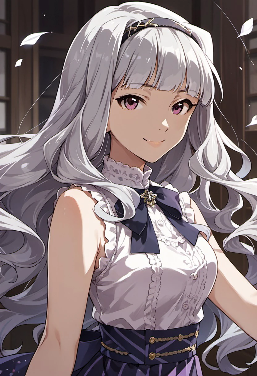 score_9, score_8_up, score_7_up, source_anime,shijou takane, long hair, grey hair, purple eyes, 1girl, solo, smile, hairband, sleeveless,  upper body, looking at viewer, floating hair, bow