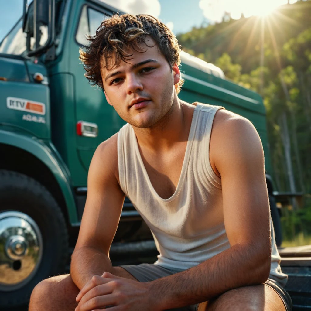 low camera shot, Noah Centineo a man <lora:paul-cuffaro-Noah-Centineo:1>, rugged, detailed face, sitting legs crossed inside cabin lorry, legs dangling, wearing tank top, sunlight, barefoot, masterpiece,8k,depth of field, bokeh, detailed,sharp focus,  elegant, cinematic lighting, ,photorealistic, taken using a Leica SL2 & the APO-Summicron-SL 28 f/2 ASPH lens, shutter speed 1/200s, ISO 100 and natural light, Hyper Realistic Photography, Cinematic, Cinema, Hyperdetail, UHD, Color Correction, hdr, color grading, hyper realistic CG animation ((remarkable color)), (ultra realistic), textured skin, remarkable detailed pupils, ((realistic dull skin noise)), ((visible skin detail)), ((skin fuzz)), shot with cinematic camera, 3D render, ((hyper realism)), sharp focus, cinematic lighting, photo realistic, hyper realistic. 4k, natural, global illumination, caustics, ratytracing, Unreal Engine, highly detailed, High dynamic range, vivid, rich details, clear shadows and highlights, realistic, intense, enhanced contrast, highly detailed <lora:add-detail-xl:1>