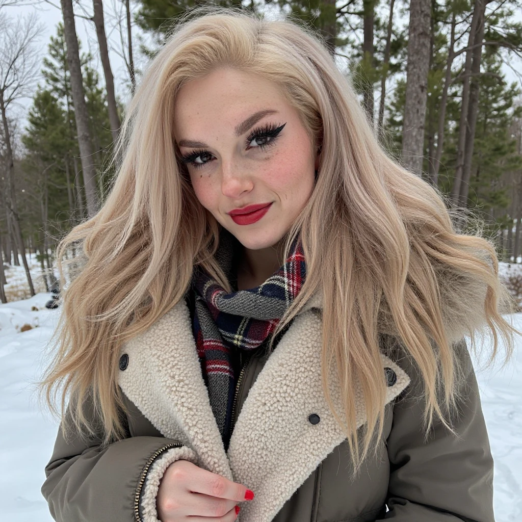 A photo of a woman. The photo includes her entire body. She is wearing red lipstick. She has bold black eyeliner. She has smokey eyeshadow. She has a slight grin. She is looking directly into the camera. She has a natural skin texture. The skin is very detailed including skin pores. She has red nails.
She is wearing a large winter coat. She is standing outside in a snowy forest.