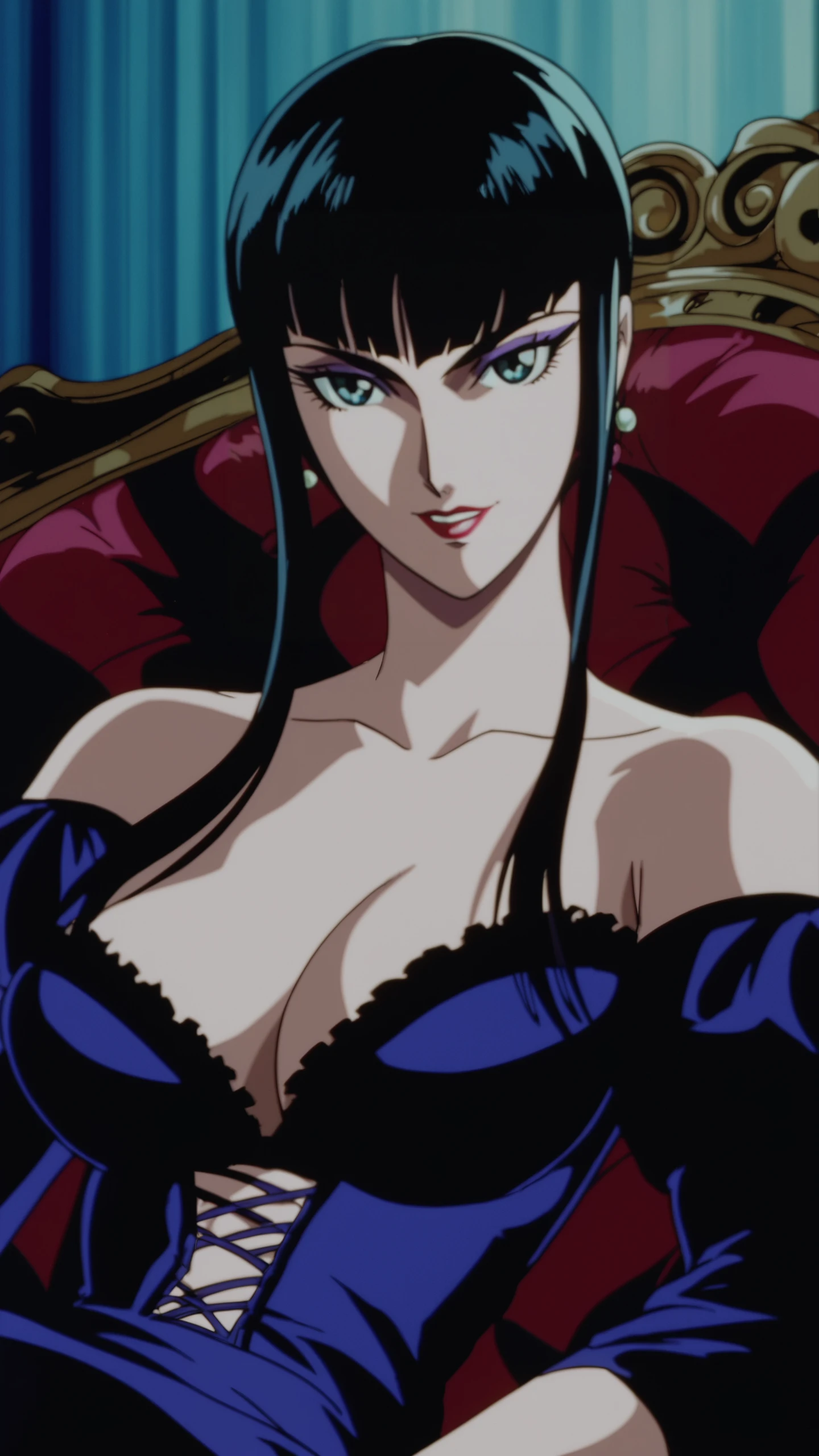 score_9, score_8_up, score_7_up, Analog style, vhs style, Dvd screengrab, old anime, classic anime, Eliza from "Tekken" reclines on an ornate couch in a dimly lit vampire-themed lounge, her mysterious aura magnified by her gothic attire and supernatural powers. Her languid pose and hypnotic eyes make her an enigmatic and captivating presence in the fight roster.