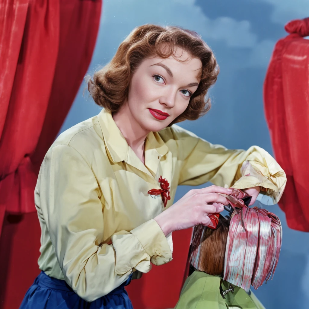 full color photo of gloria henry, decently clothed, getting a haircut, vivid color, masterpiece <lora:GloriaHenry:1>