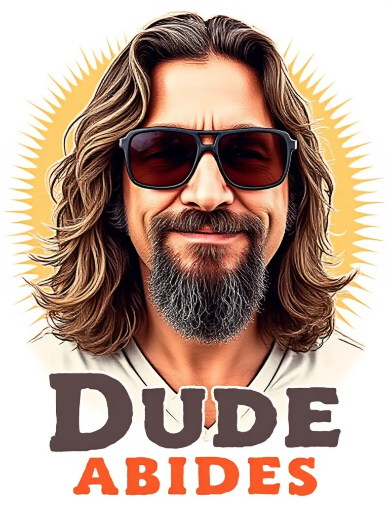 vector logo, pop art style, a happy man with long hair and a beard wearing sunglasses, the text says "THE DUDE ABIDES"