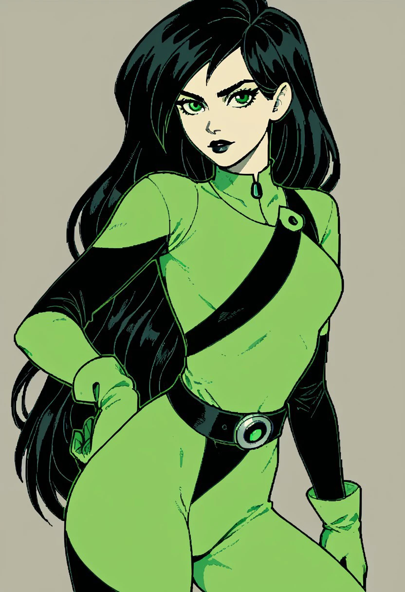 score_9, score_8_up, score_7_up, score_6_up, score_5_up, score_4_up, BREAK source_anime, shego, 1girl, solo, long hair, black lips, black hair, green eyes, green bodysuit, green gloves, very long hair, looking at viewer, simple background, ( monochrome:0.9), pixel art