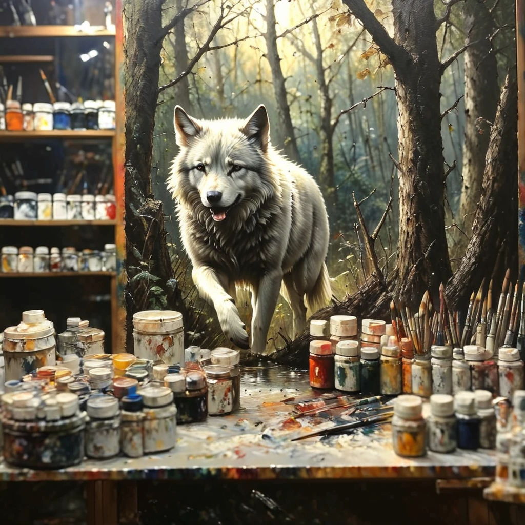 oneironartifex onefex a painting in a painting studio, wolf, very detailed<lora:oneironartifex:1.2>