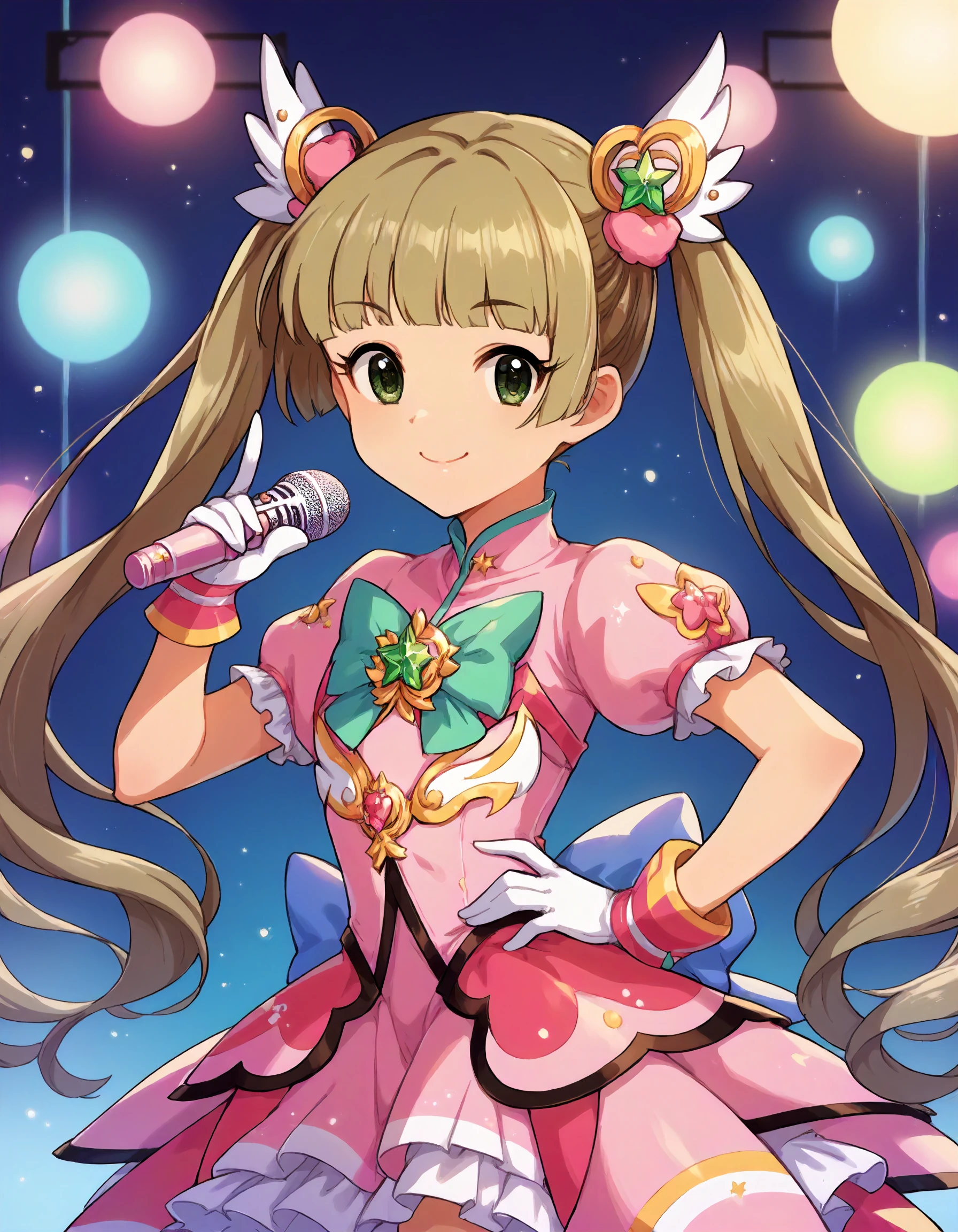 score_9,score_8_up,score_7_up,1girl,solo,cowboy shot,looking at viewer,smile,closed mouth,hand on hip,holding microphone,stage lights,
<lora:yokoyamachika_ponyXLV6:0.8>,cgyc,
light brown hair,long twintails,blunt bangs,green eyes,
magical girl,pink dress