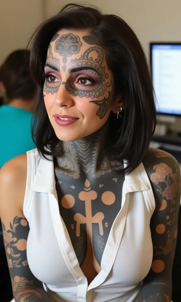 a good looking young woman with face tattoos featuring a sugar skull tattoo design and her complete arms torso and neck are covered with traditional style tattoos as well as tribal black patterns sitting in an office at a desk<lora:RealTattooz_Flux:1> wearing a white translucent blouse