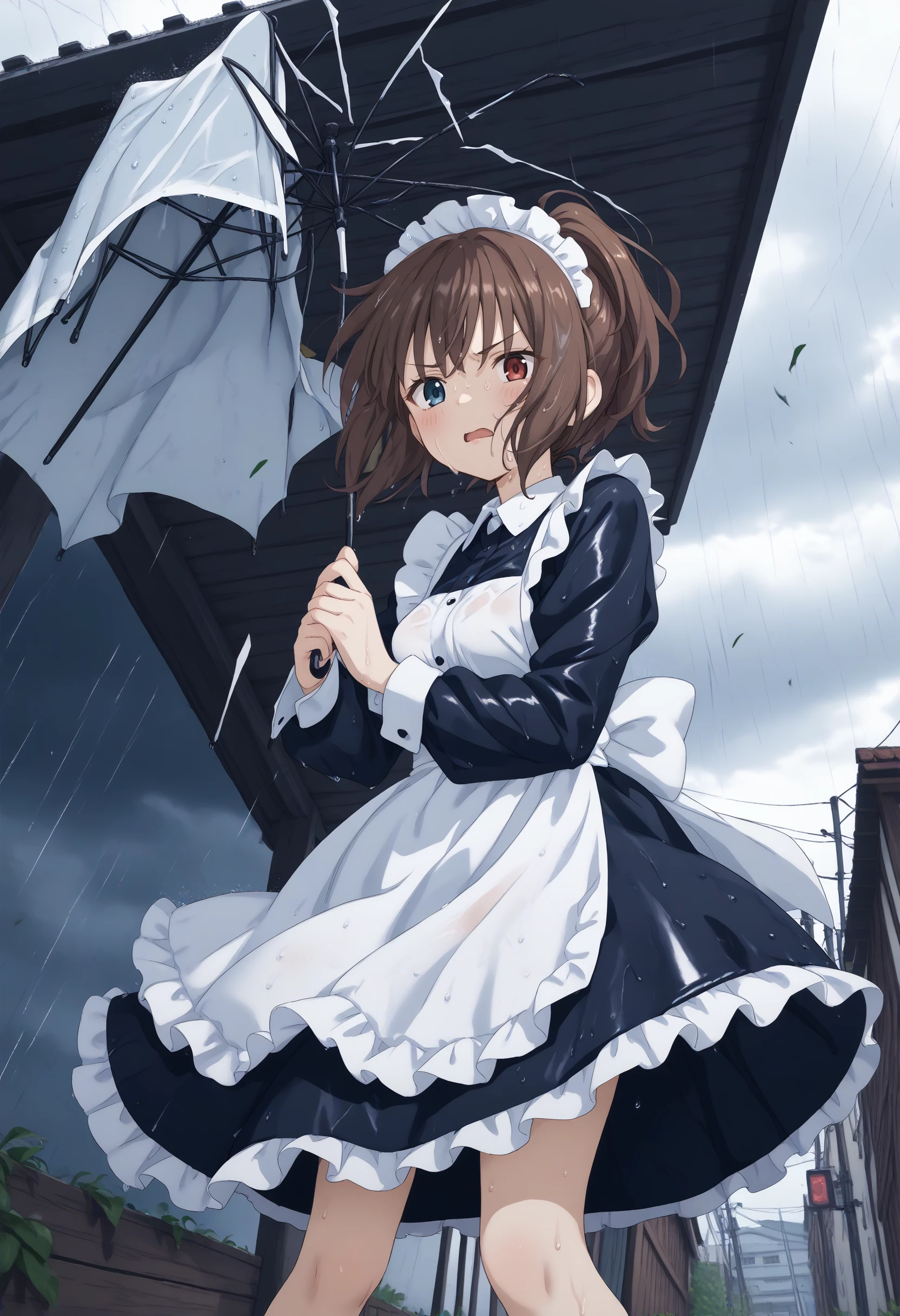 (masterpiece:0.7), (best quality:1.1),
(by sincos:0.5),(by ningen mame:0.5),(by toosaka asagi:0.5),
1girl,solo,medium breasts, maid, maid headdress,
cloudy sky ,floating hair ,leaning to the side,typhoon, storm ,raincoat,broken umbrella,umbrella,holding umbrella,rain,outdoors,wet,wind,wind lift, leaning forward <lora:brokenumbrella_Pony_v1:0.8>
ceiling, feet out of frame, looking down, brown hair, heterochromia,disgust, Teotihuacan, open mouth, short ponytail hair,,