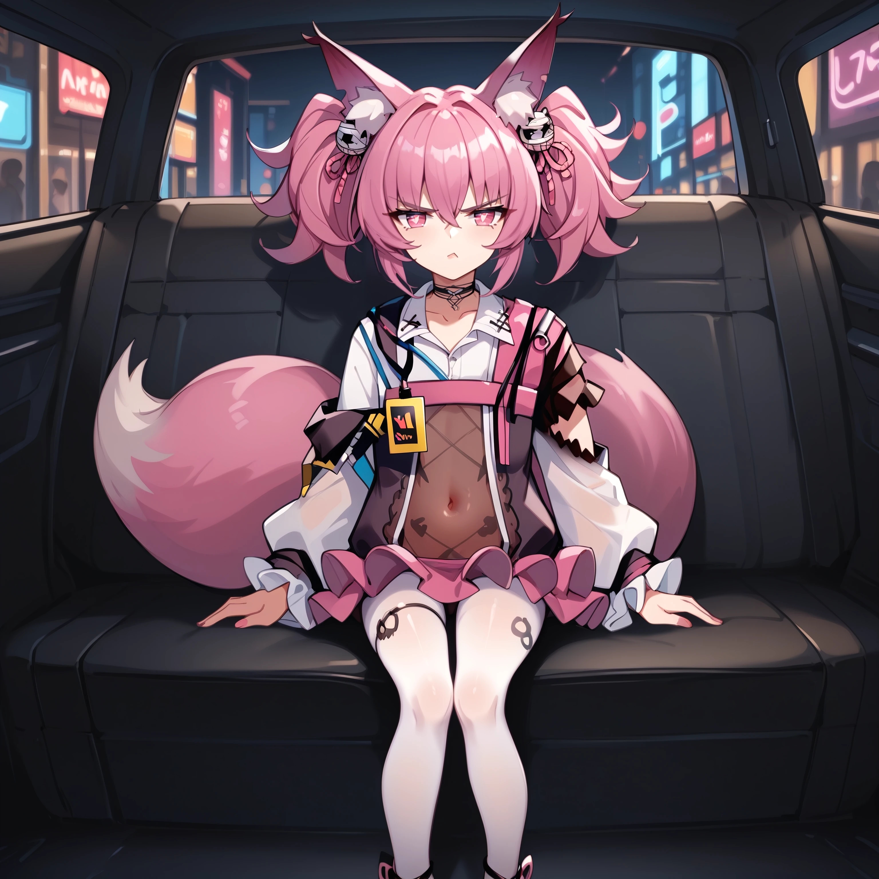 score_9, score_8_up, score_7_up, score_6_up, anime style, source_anime, BREAK
 <lora:Shamare_pony-000007:1.0> shampony, animal_ears, animal_ear_fluff, fox_ears, twintails, pink_hair, fox_girl, tail, fox_tail, hair_between_eyes, hair_ornament, pink_eyes, symbol-shaped_pupils, annoyed, white pantyhose, see-through,covered navel,  black panties visible through clothes, long sleeves, microskirt, high heels, choker, id card,  solo 
 <lora:Car_back_seat_front_view:1> car interior, sitting