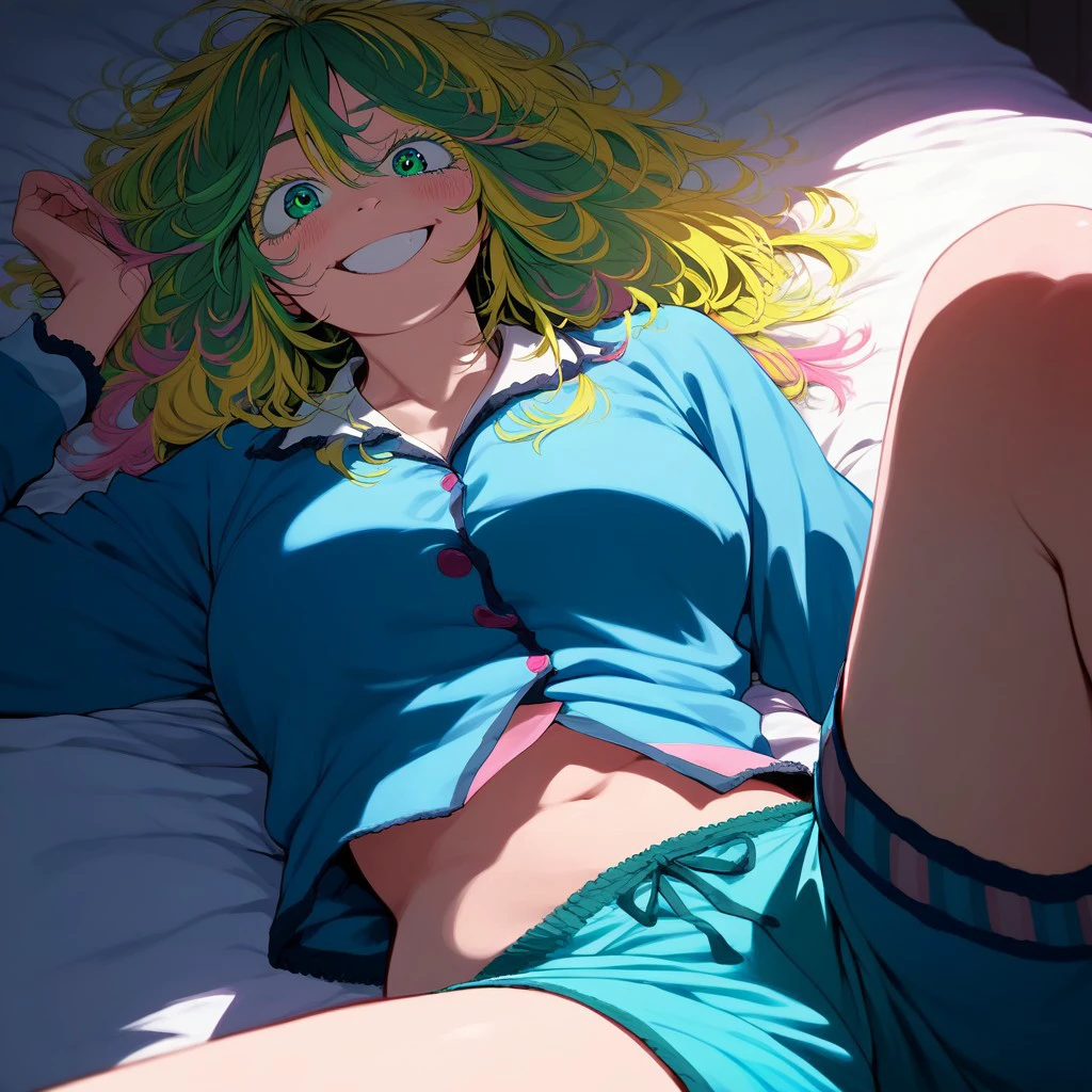 latshinyskin,score_9, score_8_up, score_7_up, 1girl, breasts, mosaic censoring, smile, seductive pose, pajama, underwear, clothed, lying on bed, missionary position, seductions, seductive expression
hagakure tooru , green hair,green eyes,multicolored hair, yellow hair strands , pink hair strands, long hair,messy hair , solo, 1girl, 1women, female focus, solo focus, POV