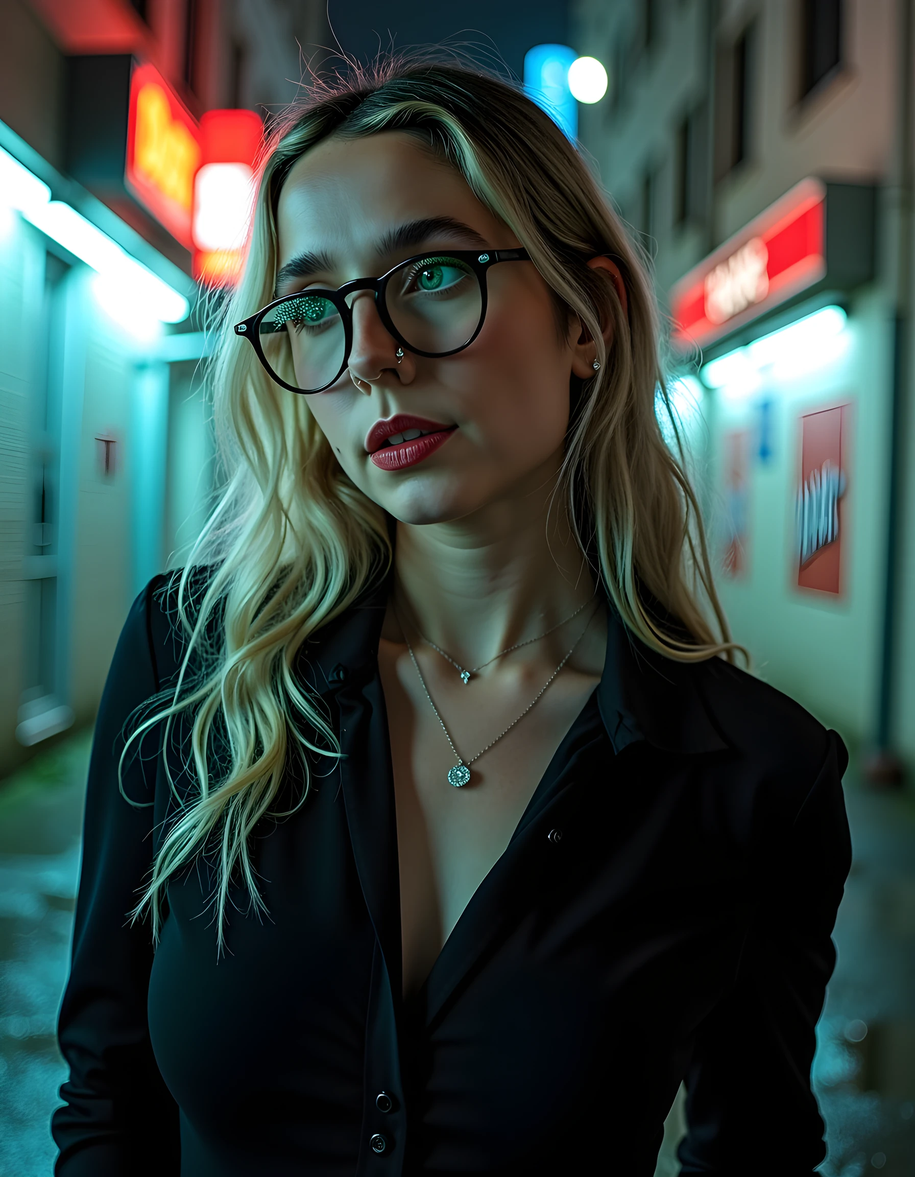 chrrblssm <lora:cherry_blossom_v1.0c:1>, (sharp focus:1.2), photo, attractive young woman, wearing glasses, (beautiful face:1.1), detailed eyes, luscious lips, (winged eyeliner:0.85), wearing (jacket:1.2) at a (shop:1.2). (moody lighting:1.2), depth of field, bokeh, 4K, HDR. by (James C. Christensen:1.2|Jeremy Lipking:1.1).