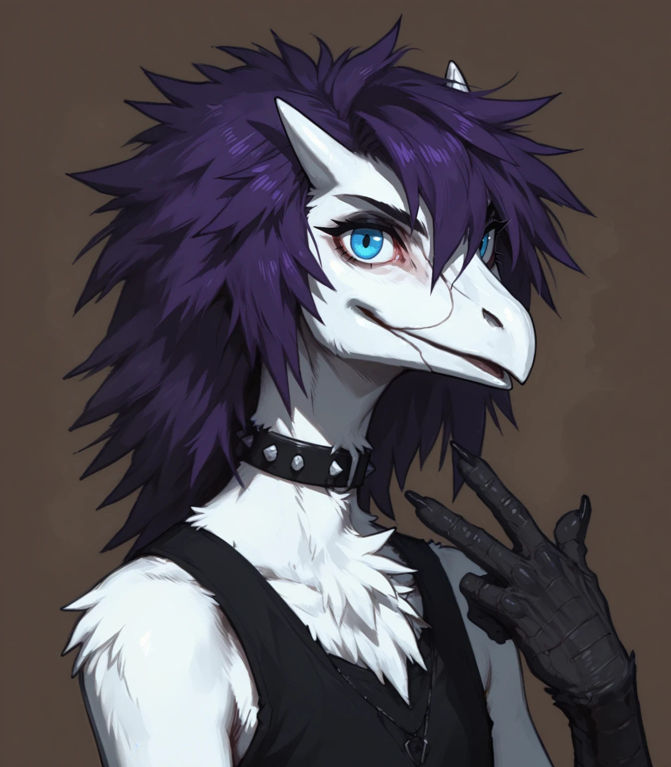 (score_9, score_8_up:1.1), detailed, bust portrait, abstract background,
BREAK
male nevrean, devil horns \(gesture\), slim, blue eyes, scuted hands, white body, white beak, white horn, white face, purple hair, short messy hair, punk, 
<lora:nevreans_v1.0_pdxl:0.7>, <lora:Concept Art DarkSide Style PDXL>, <lora:sdxl_lightning_8step_lora>, <lora:PDXL_artist_tags_v2_big>,