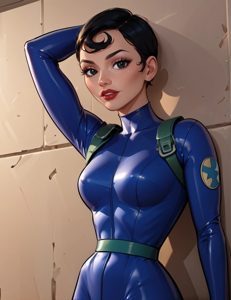 score_9, score_8_up, score_7_up,leaning against a wall, wide shot , honeydew, agent_honeydew, 1girl, black hair, solo, lipstick, black eyes, Super Short Pixie hairstyle, short hair, wearingfullbody blue bodysuits, highly detailed face, greenbelt,  looking at viewer, Cockpit, Well-organized space equipped with a flight management system, padded pilot seats, a control column, a retractable tray table, storage bins for personal items , ,dark navy high boots,     <lora:Agent_Honeydew_Pony:1>