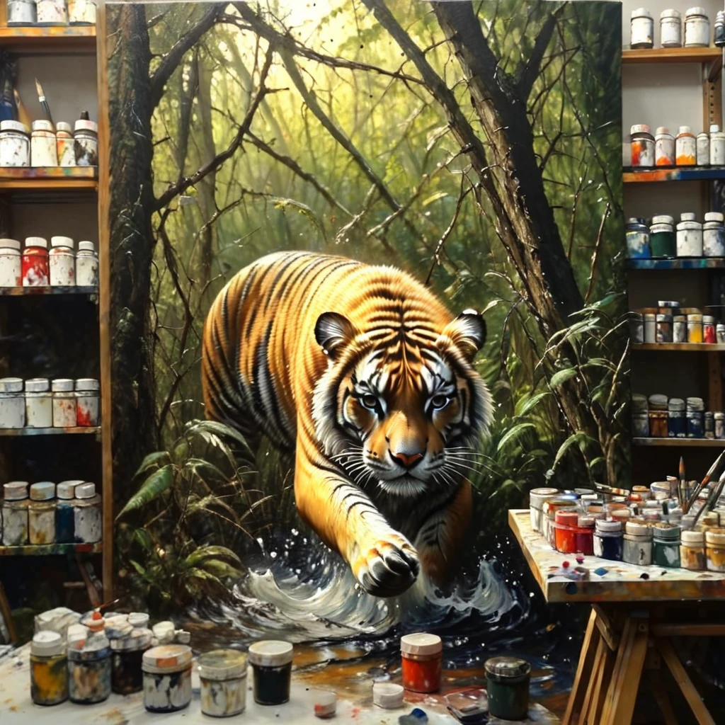 oneironartifex onefex a painting in a painting studio, tiger, very detailed<lora:oneironartifex:1.2>